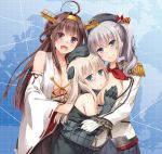  3girls antennae bare_shoulders black_gloves blonde_hair breast_grab breasts brown_eyes brown_hair cleavage collarbone detached_sleeves gloves grey_eyes hat headgear kantai_collection kashima_(kantai_collection) kongou_(kantai_collection) large_breasts long_hair long_sleeves map military military_uniform multiple_girls nakajima_yuka open_clothes open_mouth open_shirt shirt silver_hair skirt smile twintails u-511_(kantai_collection) uniform very_long_hair white_gloves wide_sleeves 