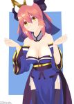  1girl absurdres animal_ears artist_name blue_legwear bow breasts caster_(fate/extra) cleavage detached_sleeves fate/extra fate/grand_order fate_(series) fox_ears hair_bow hair_ribbon highres japanese_clothes large_breasts looking_at_viewer pink_hair ribbon smile solo tail yellow_eyes 