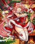  1girl armpits arms_up bare_shoulders breasts christmas_tree eikou_no_guardian_battle fire fireplace highres long_hair madogawa one_eye_closed open_mouth smile solo thigh-highs white_legwear 