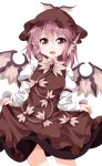  1girl animal_ears bird_wings bow brown_dress cowboy_shot curtsey dress hat juliet_sleeves long_sleeves mystia_lorelei open_mouth pink_eyes pink_hair puffy_sleeves ruu_(tksymkw) shirt short_hair simple_background skirt_hold smile solo thighs touhou white_background wings 