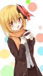  1girl alternate_costume blonde_hair coat coffee_cup hair_ribbon long_sleeves looking_at_viewer open_clothes open_coat open_mouth red_eyes ribbon rumia scarf shirt skirt solo touhou yuuhagi_(amaretto-no-natsu) 