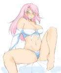  1girl bare_shoulders blush breasts cleavage commentary_request green_eyes keshin large_breasts long_hair looking_at_viewer navel open_mouth original panties pink_hair solo spread_legs underwear white_panties 