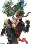  2boys armor brown_hair cannon_dancer claws indesign kirin_(cannon_dancer) long_hair multiple_boys muscle ponytail red_eyes silver_hair strider_(video_game) wilf_(cannon_dancer) 