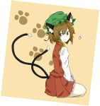  1girl animal_ears brown_hair cat_ears cat_tail chen dress hat heart jewelry long_sleeves looking_at_viewer mob_cap multiple_tails nurako red_dress short_hair sitting tail touhou yellow_eyes 
