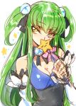  1girl alternate_hairstyle bare_shoulders breasts c.c. cleavage code_geass creayus detached_sleeves green_hair halter_top halterneck long_hair short_twintails solo twintails two_side_up wand yellow_eyes 