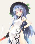  armband armpits bangs black_gloves blue_hair blush breasts china_dress chinese_clothes commentary_request gloves hair_between_eyes hand_on_hip hat hinanawi_tenshi leaf leg_cutout long_hair looking_at_viewer red_eyes satou_kibi sidelocks sleeveless sweatdrop sword sword_of_hisou touhou very_long_hair wavy_mouth weapon 