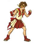  1boy belt boots brooch brown_hair clenched_hands collarbone crossdressinging fighting_stance fingerless_gloves full_body gloves goggles jewelry kid_flash magical_boy red_gloves red_skirt shirt simple_background skirt sleeveless sleeveless_shirt solo standing white_background 