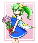  1girl ascot blue_dress bouquet bow commentary_request daiyousei dress fairy_wings flower green_eyes green_hair hair_bow nitamago side_ponytail smile solo touhou wings 