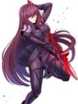  1girl armor bodysuit fate/grand_order fate_(series) highres long_hair pauldrons purple_hair red_eyes scathach_(fate/grand_order) shimo_(s_kaminaka) simple_background solo standing_on_one_leg white_background 