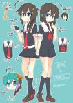  2girls :&gt; ahoge black_hair black_legwear black_serafuku black_skirt blue_eyes braid dual_persona hair_ornament holding_hands how_to kantai_collection multiple_girls nagasioo remodel_(kantai_collection) school_uniform serafuku shigure_(kantai_collection) side_braid skirt translation_request 