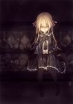  1girl black_gloves black_legwear blonde_hair fangs finger_to_mouth fingerless_gloves fu-ta gloves gothic_lolita lolita_fashion long_hair looking_at_viewer original parted_lips shushing sitting slit_pupils smile solo twintails yellow_eyes 