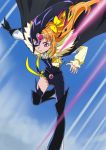  1girl black_gloves bow brooch clouds cure_muse_(black) cure_muse_(yellow) gloves hair_bow haruyama_kazunori jewelry long_hair magical_girl orange_hair pink_eyes precure shirabe_ako sky solo spoilers suite_precure torn_clothes 