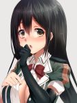  1girl black_gloves black_hair blush breasts brown_eyes chikuma_(kantai_collection) cleavage elbow_gloves gloves kantai_collection keita_(tundereyuina) long_hair looking_at_viewer open_clothes open_mouth open_shirt shirt simple_background 
