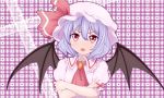  1girl bat_wings blouse blue_hair brooch cravat crossed_arms fang hat hat_ribbon jewelry lace_background looking_at_viewer misumo mob_cap open_mouth plaid plaid_background puffy_short_sleeves puffy_sleeves red_eyes remilia_scarlet ribbon short_hair short_sleeves solo touhou upper_body wings 