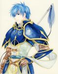  1boy agahari armor blue_eyes blue_hair fire_emblem fire_emblem:_akatsuki_no_megami fire_emblem:_souen_no_kiseki gauntlets geoffrey_(fire_emblem) gloves polearm solo traditional_media weapon 