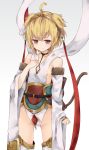  1girl anchira_(granblue_fantasy) animal_ears blonde_hair breast_conscious brown_eyes commentary_request detached_sleeves granblue_fantasy highres leotard long_sleeves monobe_tsukuri no_bra pout sash shawl short_hair small_breasts solo tail tears thigh-highs tiara wide_sleeves 
