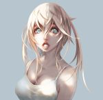  1girl bare_shoulders blonde_hair blue_background blue_eyes breasts candy cleavage dako6995 large_breasts lips lollipop long_hair looking_at_viewer original simple_background solo 