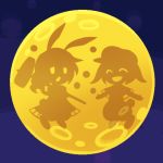  2girls animal_ears closed_eyes dango dress food full_moon kine long_hair lowres mallet moon multiple_girls open_mouth pote_(ptkan) rabbit_ears ringo_(touhou) seiran_(touhou) short_hair silhouette smile touhou wagashi 