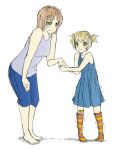  2girls bandaid bandaid_on_knee blonde_hair blue_dress brown_hair child dress green_eyes hair_bobbles hair_ornament holding_hand ibarazaki_emi ibarazaki_meiko katawa_shoujo kneehighs mother_and_daughter multiple_girls short_hair short_sidetail side_ponytail sketch smile striped striped_legwear trembling twrlare wavy_mouth younger 