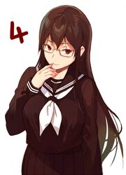  1girl breasts countdown hand_on_own_chin long_hair red_eyes sakuramachi_touko sasamori_tomoe school_uniform serafuku simple_background solo succubus_stayed_life white_background 