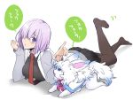  1girl fate/grand_order fate_(series) four_(fate/grand_order) fur glasses highres hoodie lying necktie on_stomach open_mouth pantyhose purple_hair shielder_(fate/grand_order) shimo_(s_kaminaka) violet_eyes 