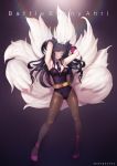  1girl ahri animal_ears bare_shoulders black_hair breasts detached_collar facial_mark fox_ears fox_tail hanato_(seonoaiko) league_of_legends leotard long_hair looking_at_viewer necktie pantyhose playboy_bunny_leotard smile solo tail whisker_markings wrist_cuffs yellow_eyes 