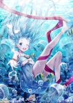  1girl absurdres blue_dress blue_eyes blue_hair dress fingerless_gloves gloves highres jewelry long_hair looking_at_viewer necklace one_eye_closed open_mouth original solo underwater 