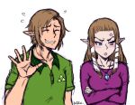  1boy 1girl akairiot anger_vein blue_eyes blush brown_hair collared_shirt commentary crossed_arms earrings flying_sweatdrops green_shirt grin jewelry link long_hair necklace nintendo pointy_ears princess_zelda purple_shirt shirt sidelocks simple_background smile teeth the_legend_of_zelda the_legend_of_zelda:_twilight_princess white_background 
