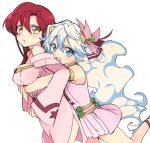  +_+ 2girls alternate_hairstyle dress hair_down hug hug_from_behind long_hair looking_at_viewer multicolored_hair multiple_girls nia_teppelin nia_teppelin_(cosplay) redhead skirt smile tengen_toppa_gurren_lagann two-tone_hair usame yellow_eyes yoko_littner 