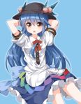  1girl apron black_hat blouse blue_background blue_bow blue_dress blue_hair bow bowtie brown_eyes dress dress_shirt food frills fruit hat hinanawi_tenshi long_hair neck_ribbon peach puffy_short_sleeves puffy_sleeves rainbow_gradient rainbow_order red_bow ribbon ruu_(tksymkw) shirt short_sleeves simple_background solo touhou white_blouse white_shirt wing_collar 