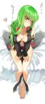 1girl :o barefoot bed_sheet between_thighs blush breasts c.c. center_opening code_geass creayus detached_sleeves green_hair heart legs long_hair looking_at_viewer navel open_mouth sitting solo yellow_eyes 