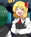  antennae blonde_hair blush cape commentary_request fang green_hair hair_ribbon hands_on_own_chest laughing mizuga multiple_girls open_mouth ribbon rumia short_hair smile sweatdrop touhou wriggle_nightbug 