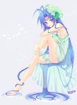  1girl barefoot blue_eyes blue_hair flower frills hair_flower hair_ornament legs lingerie long_hair looking_at_viewer magical_halloween rosemary_bergamot shiny shiny_skin signature sitting solo tokinon underwear very_long_hair white_background 