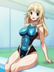  1girl atago_(kantai_collection) blonde_hair competition_swimsuit green_eyes kantai_collection long_hair monteri one-piece_swimsuit sitting swimsuit 