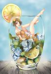  1girl absurdres bare_shoulders barefoot brown_hair bubble cup dress drink food fruit glasses hair_ornament highres ice in_container in_cup koizumi_hanayo legs legs_up lemon love_live!_school_idol_project short_hair solo violet_eyes 