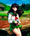  1boy 1girl brown_eyes butterfly crying crying_with_eyes_open dirty elena_ivlyushkina faux_traditional_media floating_hair green_skirt higurashi_kagome house inuyasha jewelry long_hair long_sleeves looking_at_viewer necklace outdoors parted_lips puffy_long_sleeves puffy_sleeves school_uniform serafuku sitting skirt solo tears tree 