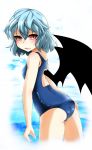  1girl ass back_cutout bat_wings blue_hair fumi_(fumifumi-graffiti) highres looking_at_viewer open_mouth red_eyes remilia_scarlet school_swimsuit solo swimsuit touhou wings 