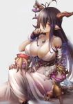  1girl antenna_hair bandaged_arm biting black_gloves black_hair blush breasts cleavage crescent danua dress finger_biting fingerless_gloves gloves granblue_fantasy hair_between_eyes horn_ornament horns jewelry large_breasts long_hair looking_at_viewer necklace pointy_ears red_eyes simple_background solo sowel_(sk3) white_dress 
