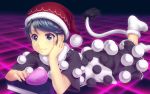  1girl black_dress blob blue_eyes blue_hair book chimuchimu_(drowandpaint) dark doremy_sweet dress grid hand_on_own_cheek hat highres lying nightcap on_stomach pom_pom_(clothes) short_hair smile socks solo tail touhou white_dress white_legwear 