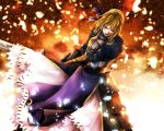  1girl armor armored_dress asagi516 blonde_hair blue_ribbon fate/stay_night fate_(series) gauntlets green_eyes hair_ribbon open_mouth ribbon saber solo 