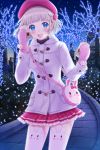  1girl :d bag blue_eyes blush brown_hair bush canned_coffee cityscape food fruit hair_ornament hairclip handbag hat highres jacket mittens night open_mouth original rabbit short_hair skirt smile solo strawberry thigh-highs tree winter winter_clothes 