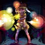  1girl animal_ears blonde_hair blood claw_(weapon) flat_cap hat injury midriff navel open_mouth orange_shirt pote_(ptkan) rabbit_ears red_eyes ringo_(touhou) shirt short_hair smile solo touhou 