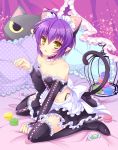  1girl ahoge alternate_costume animal_ears bare_shoulders bed black_boots black_skirt boots candy cat_ears cat_tail choker curtains enmaided frilled_skirt frills kemonomimi_mode looking_at_viewer macaroon magical_halloween maid maid_headdress noir_auslese paw_pose pillow pointy_ears purple_hair short_hair sitting skirt solo tail thigh-highs thigh_boots tokinon wariza yellow_eyes 