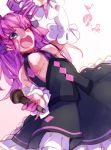  1girl asymmetrical_horns blue_eyes breasts claws detached_sleeves diamond_(shape) dragon_girl dragon_horns dress fate/extra fate/extra_ccc fate/grand_order fate_(series) hair_ribbon highres horns lancer_(fate/extra_ccc) long_hair microphone msg01 musical_note open_mouth pink_hair ribbon solo two_side_up 