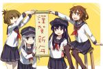  2016 4girls akatsuki_(kantai_collection) anchor_symbol badge black_hair black_legwear blue_eyes brown_eyes brown_hair chair commentary_request flat_cap folded_ponytail fox_(770205490) hair_between_eyes hair_ornament hairclip hat hibiki_(kantai_collection) highres ikazuchi_(kantai_collection) inazuma_(kantai_collection) kantai_collection loafers long_hair multiple_girls neckerchief new_year open_mouth pantyhose purple_hair school_uniform scroll serafuku shoes short_hair silver_hair sitting skirt smile socks thigh-highs violet_eyes 