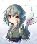  1girl blue_eyes blue_hair blush drill_hair floral_print gradient gradient_background head_fins highres japanese_clothes kimono long_sleeves looking_at_viewer mermaid monster_girl obi partially_submerged pyonsuke_(pyon2_mfg) sash short_hair smile solo sparkle touhou upper_body wakasagihime water 