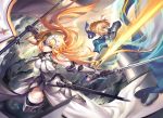  2girls ahoge armor armored_dress bangs belt blue_dress blue_eyes blue_ribbon braid breastplate clouds dress dual_wielding dutch_angle fate/grand_order fate_(series) fighting flag gauntlets glowing glowing_sword glowing_weapon hair_bun hair_ribbon holding_sword holding_weapon juliet_sleeves kousaki_rui long_hair long_sleeves looking_at_viewer motion_blur multiple_girls outdoors polearm profile puffy_sleeves ribbon ruler_(fate/apocrypha) saber sky sleeveless sleeveless_dress sword torn_clothes unsheathed very_long_hair weapon 