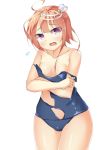  1girl blush covering covering_breasts hair_ornament i-58_(kantai_collection) kankitsunabe_(citrus) kantai_collection light_brown_hair open_mouth pink_eyes school_swimsuit short_hair solo swimsuit torn_clothes torn_swimsuit 