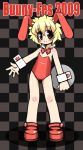  1girl animal_ears bare_legs bare_shoulders blonde_hair blush bowtie bunnysuit checkered checkered_background collar flat_chest full_body miter original rabbit_ears rami_(miter) red_eyes shoes short_hair smile solo standing tray wrist_cuffs 