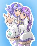  2girls blush d-pad hair_ornament long_hair multiple_girls nepgear neptune_(choujigen_game_neptune) neptune_(series) one_eye_closed purple_hair segamark short_hair solo striped striped_legwear thigh-highs v violet_eyes 